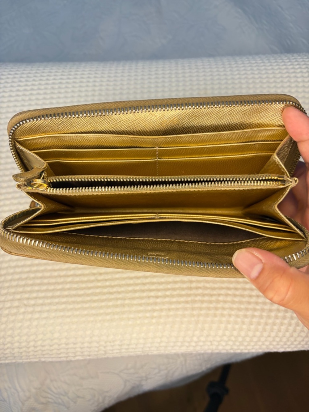 Prada Metallic Gold Saffiano Zip Wallet - Picture 7 of 12